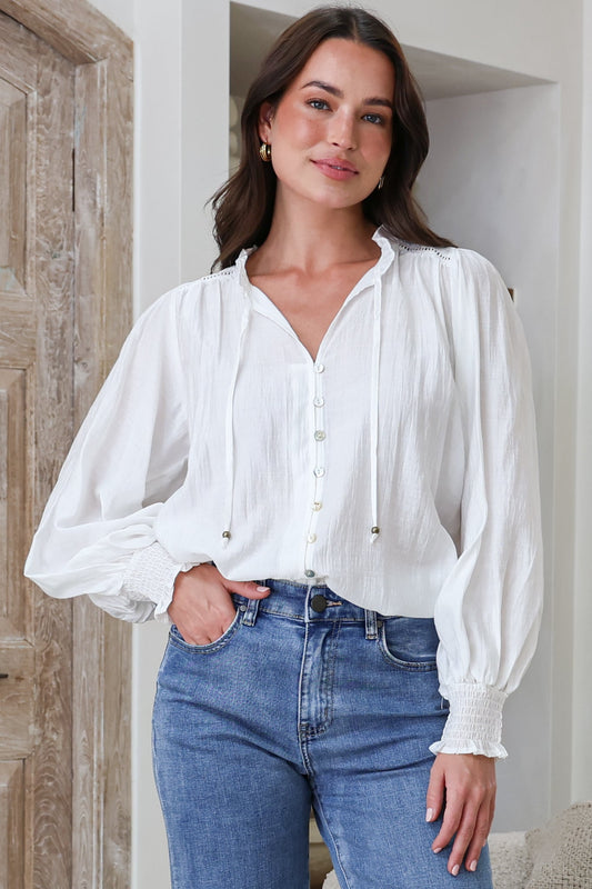 Moree Blouse - Frill Collar Neck Tie Button Down Shirt in White