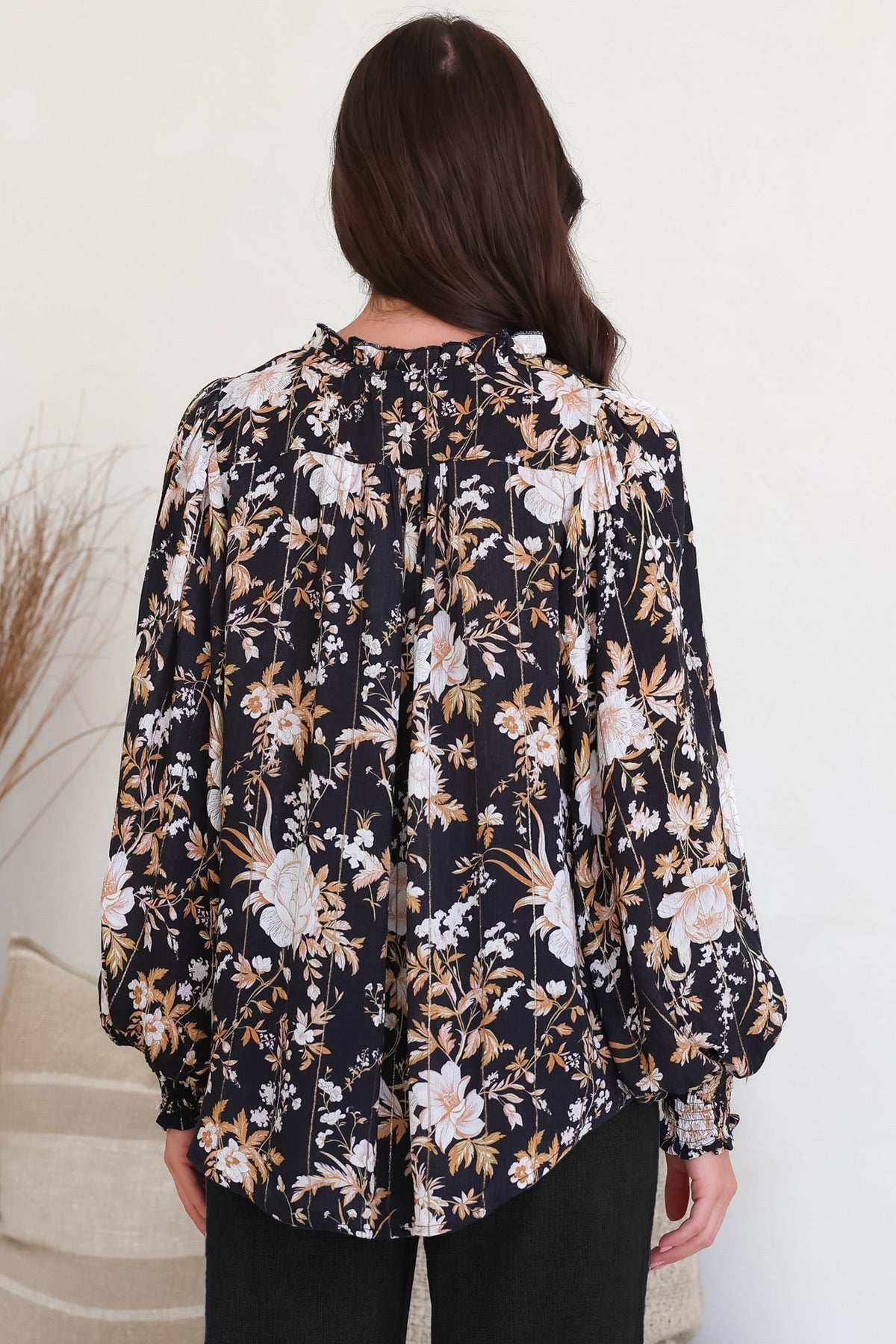 Moree Blouse - Frill Collar Neck Tie Button Down Shirt in Sorrento Print Black