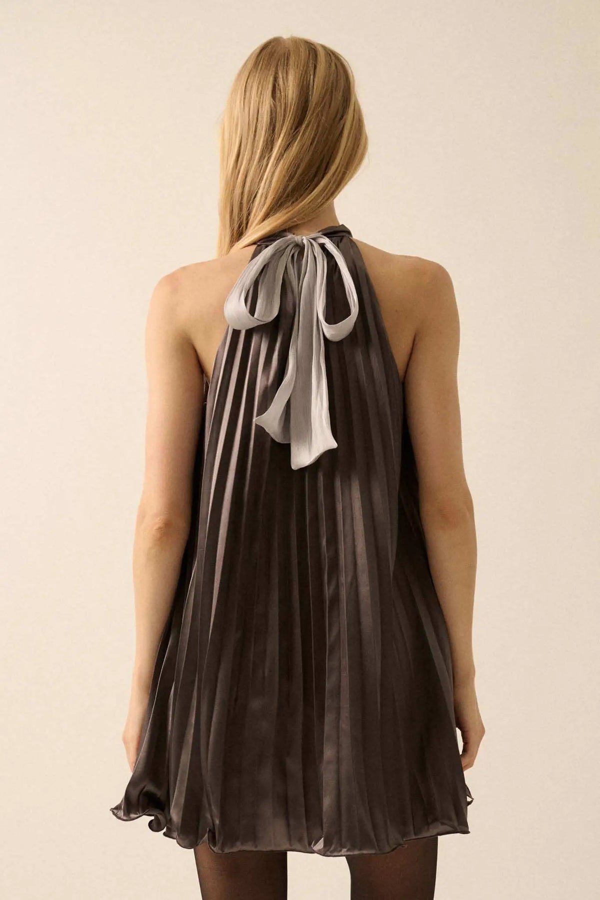 Satin Dreams Pleated Halter Babydoll Mini Dress