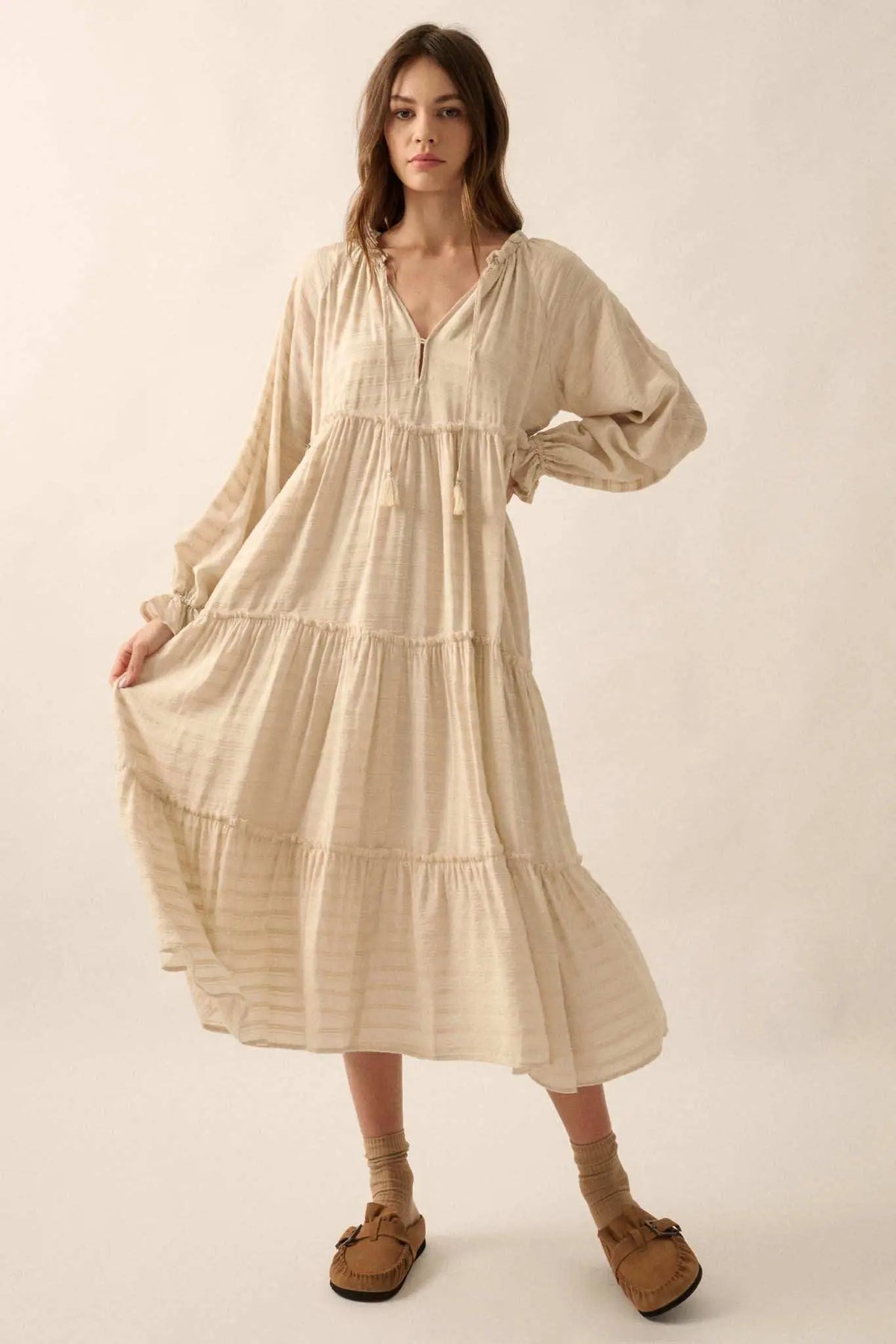 Begin Again Tiered Tonal-Stripe Midi Prairie Dress