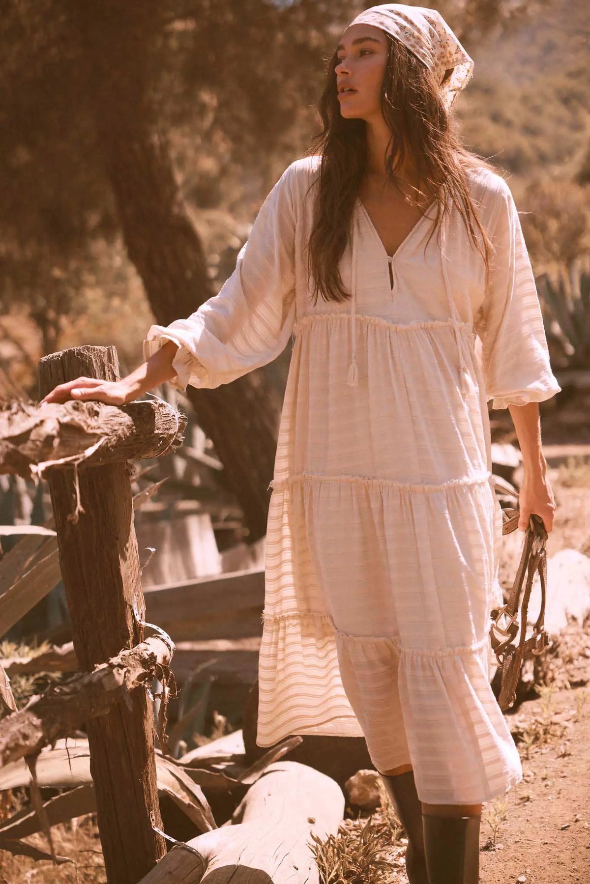 Begin Again Tiered Tonal-Stripe Midi Prairie Dress