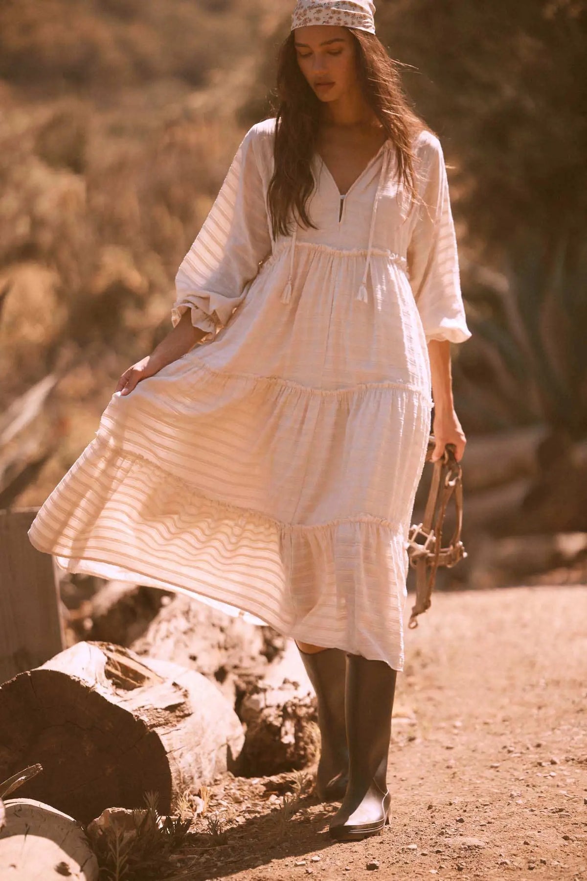 Begin Again Tiered Tonal-Stripe Midi Prairie Dress