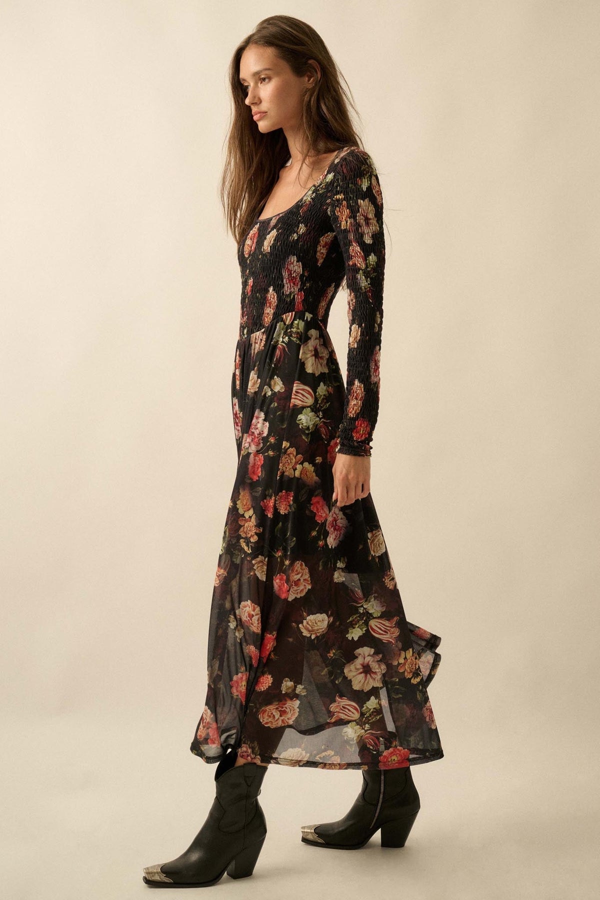 Antique Garden Floral Mesh Smocked Midi Dress