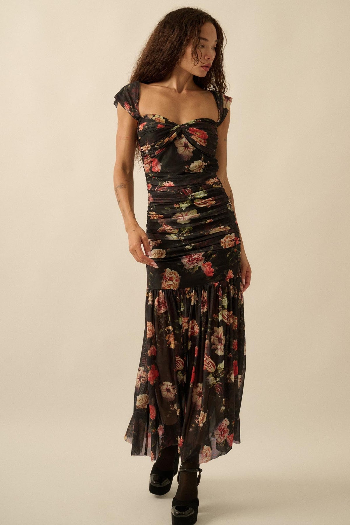 Nostalgic Beauty Floral Mesh Ruched Maxi Dress