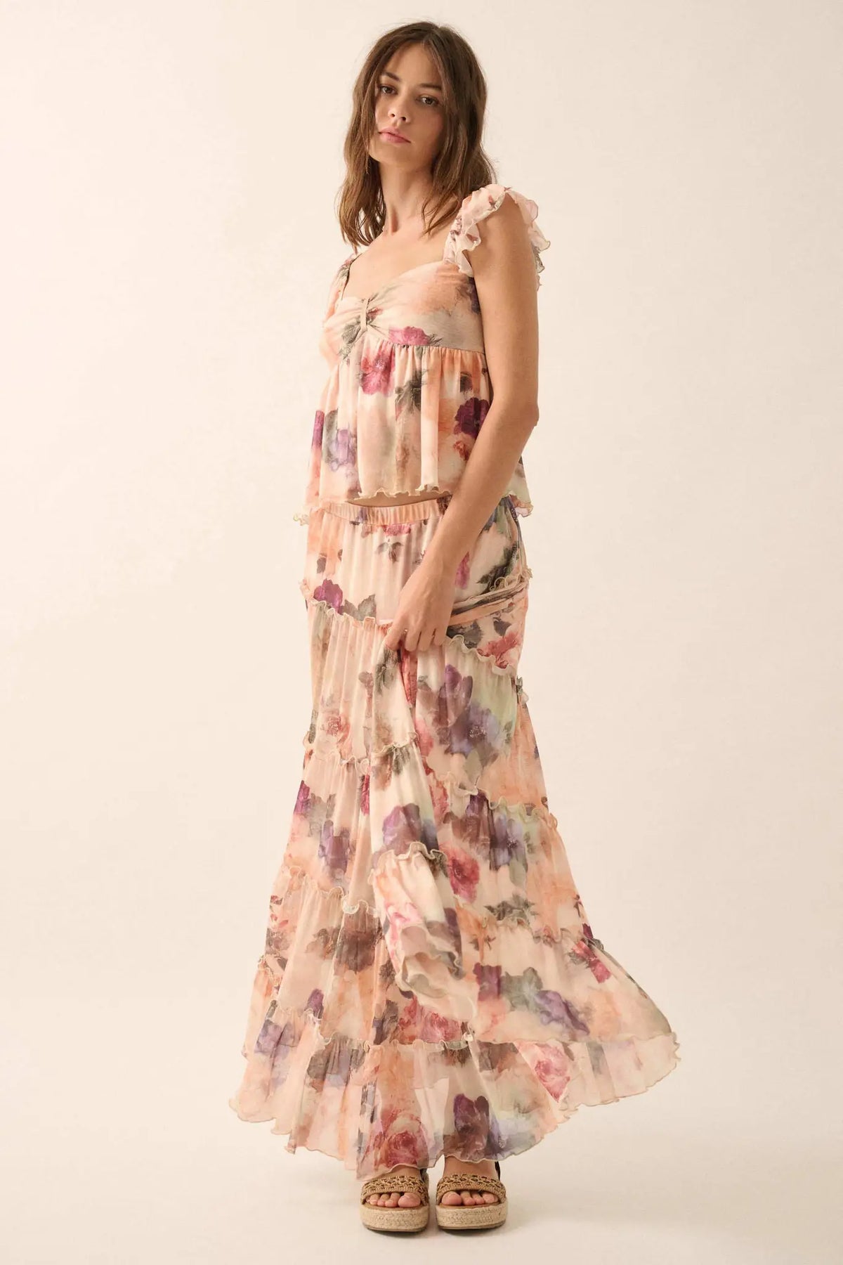 Bashful Blush Floral Mesh Tiered Ruffle Maxi Skirt