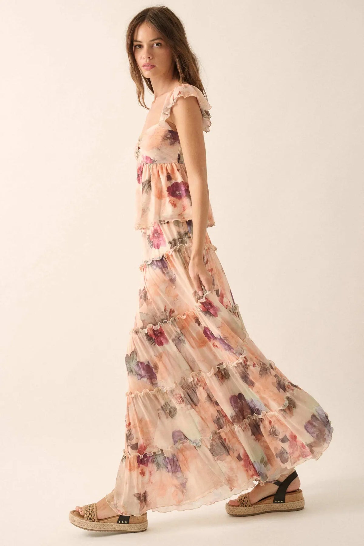 Bashful Blush Floral Mesh Tiered Ruffle Maxi Skirt