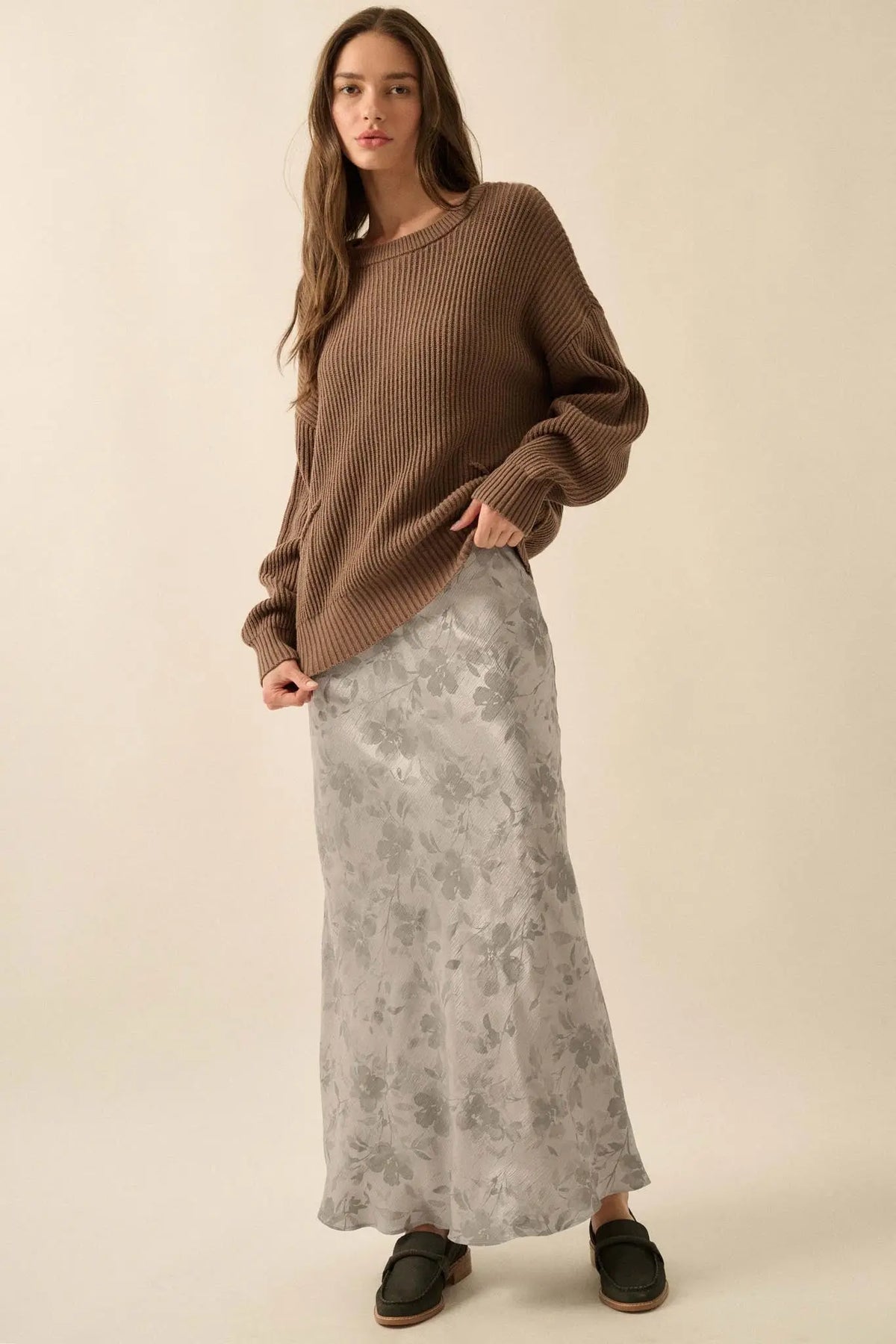 Flashy Flowers Floral Satin Maxi Skirt