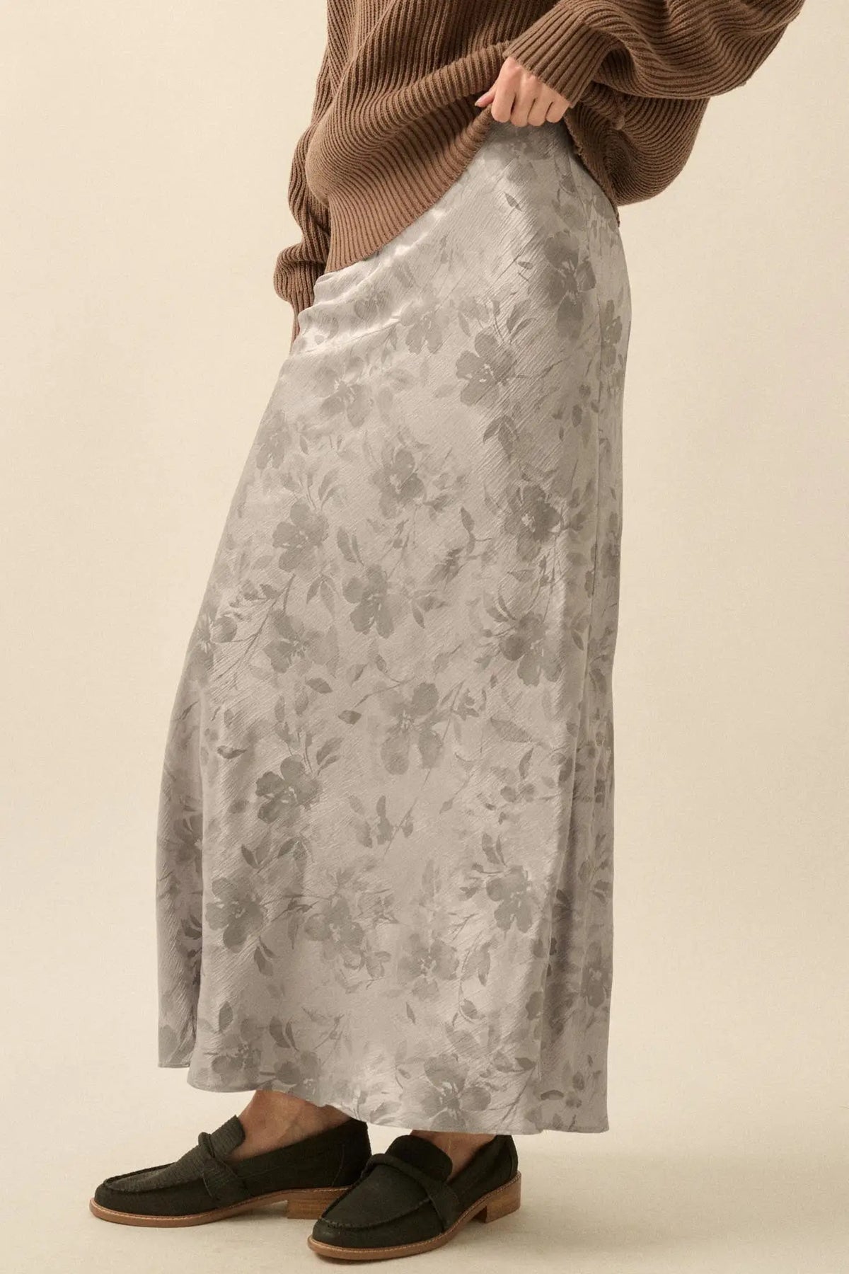 Flashy Flowers Floral Satin Maxi Skirt