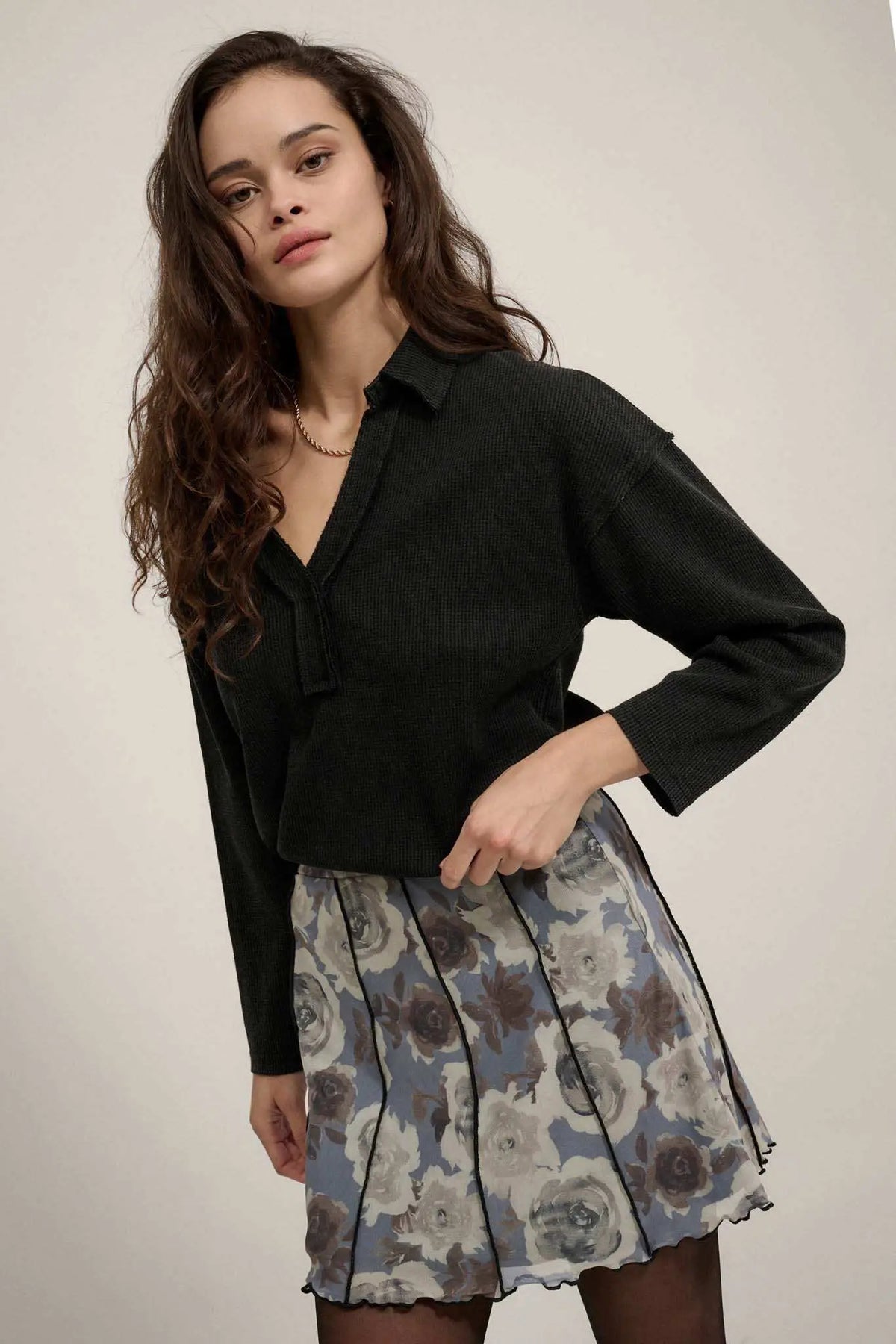 Rose Parade Floral Mesh Exposed-Seam Mini Skirt