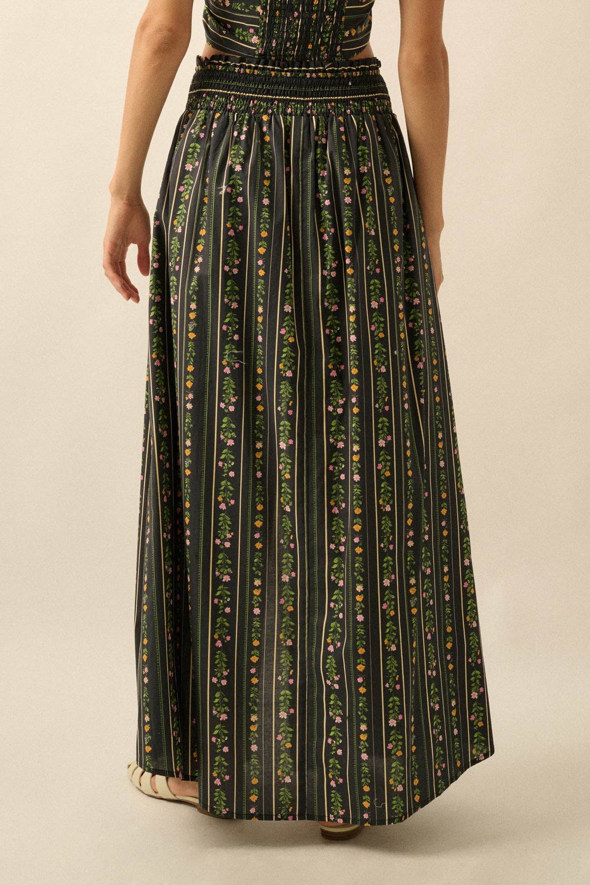 Fields in Bloom Floral-Stripe Button-Up Maxi Skirt