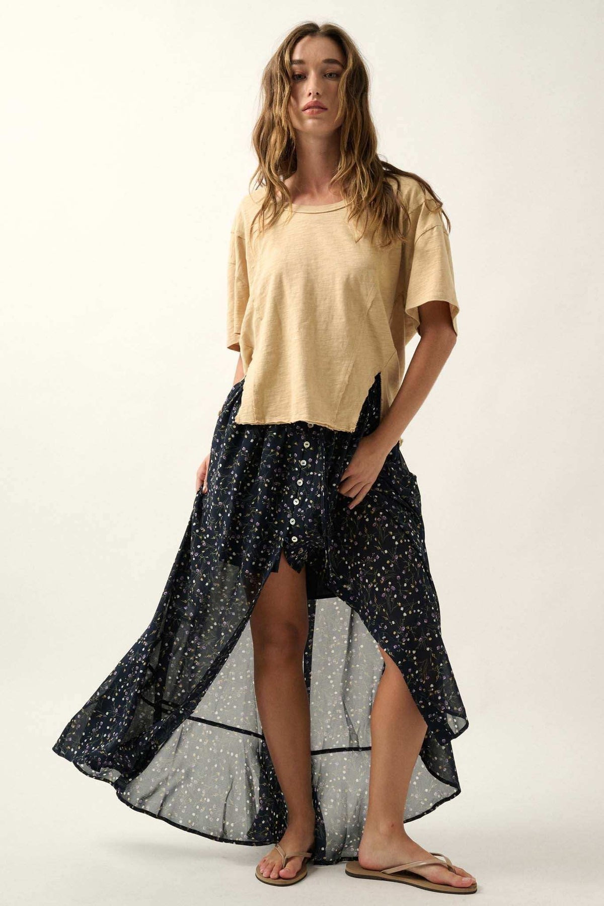 Easy Fit Vintage-Wash Slub Cotton Split-Hem Tee