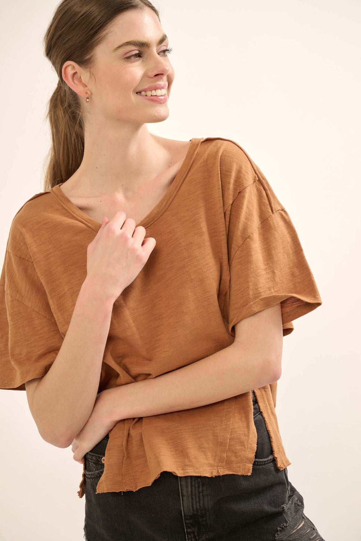 Easy Fit Vintage-Wash Slub Cotton Split-Hem Tee