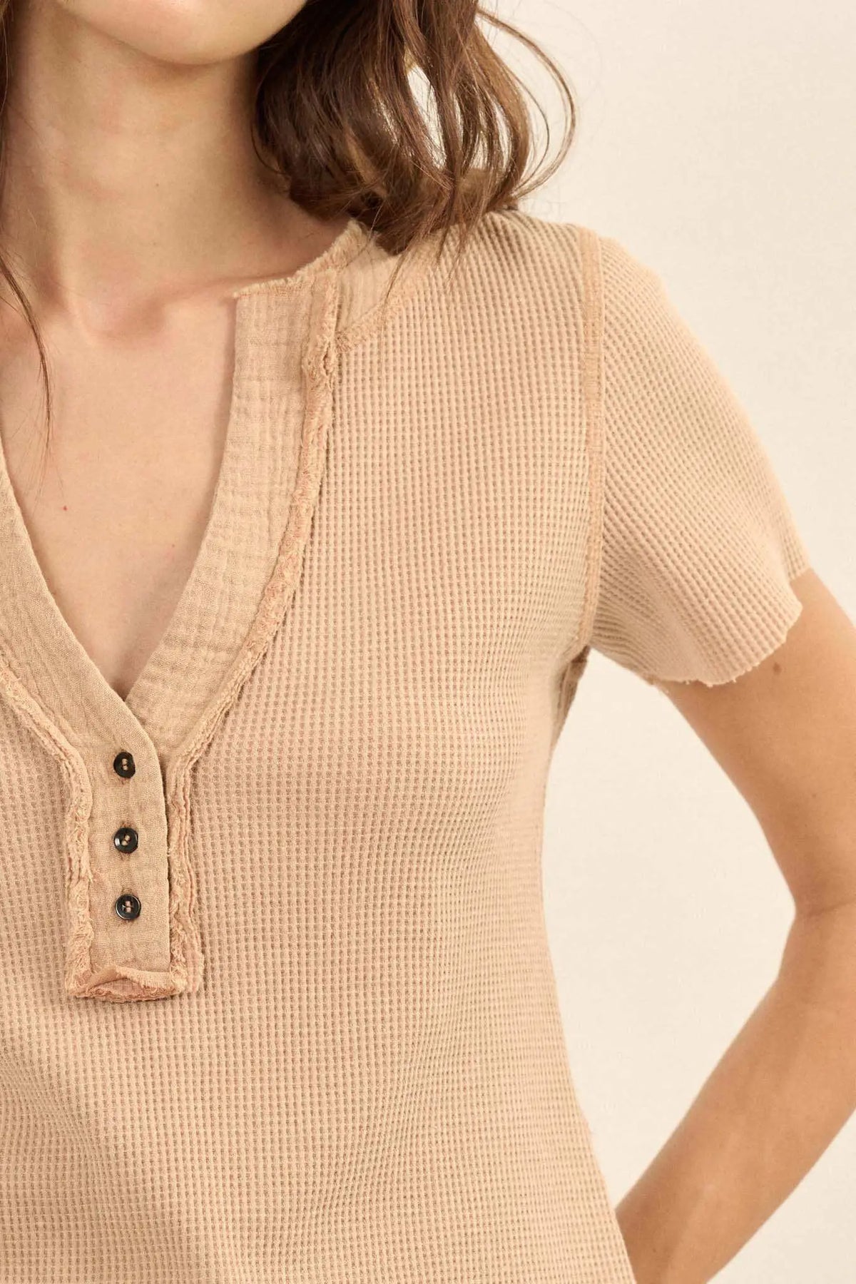 Casually Cool Waffle Knit Raw-Edge Henley Tee