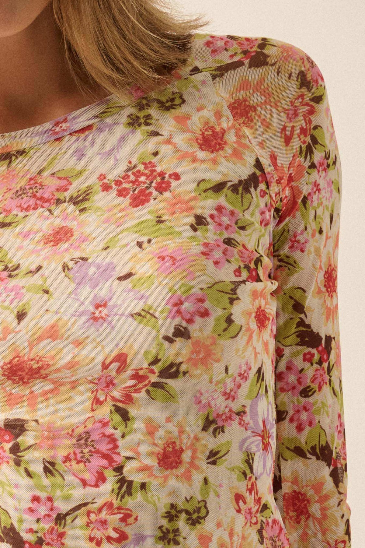 Bold Blossoms Floral Mesh Long-Sleeve Top