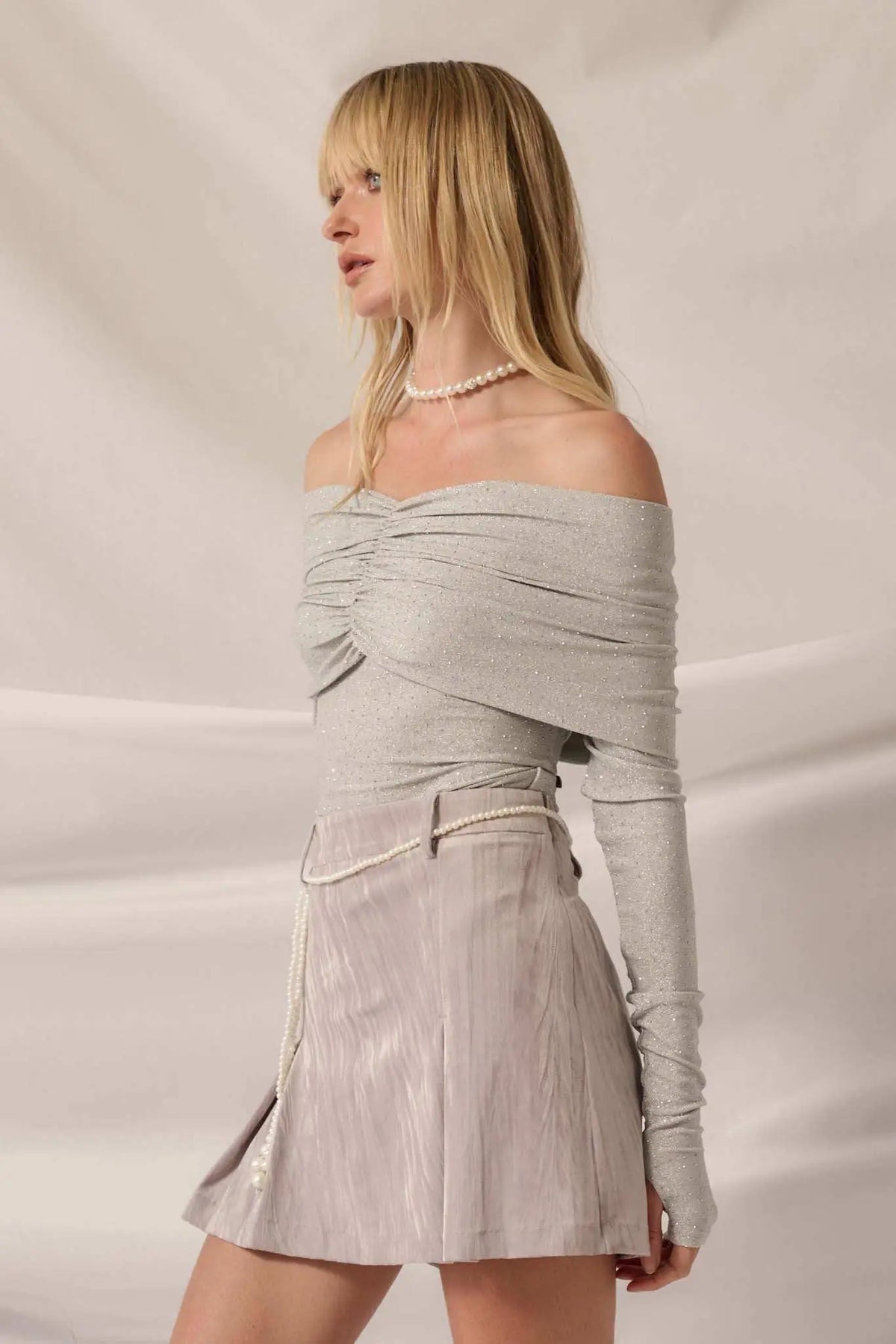 Light Years Studded Metallic Off-Shoulder Top
