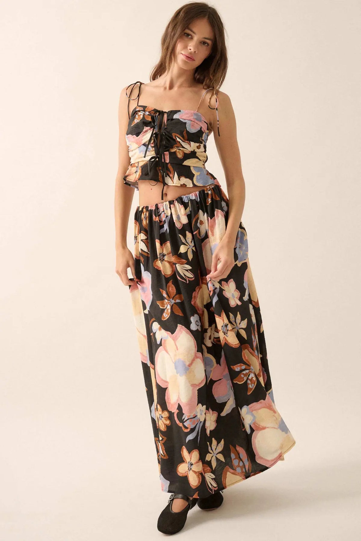 Grow On Textured Floral Cropped Tie-Front Cami Top