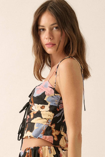 Grow On Textured Floral Cropped Tie-Front Cami Top