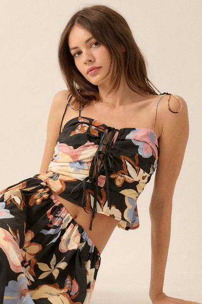 Grow On Textured Floral Cropped Tie-Front Cami Top