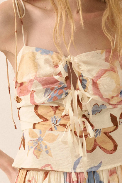 Grow On Textured Floral Cropped Tie-Front Cami Top