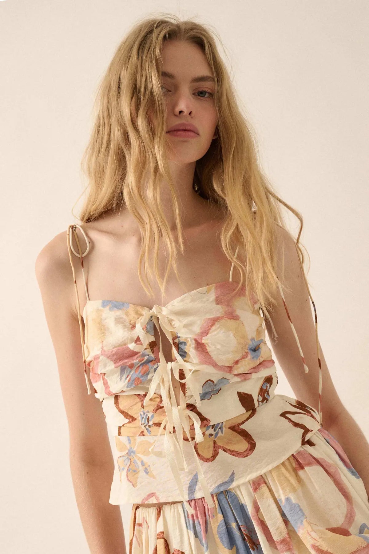 Grow On Textured Floral Cropped Tie-Front Cami Top