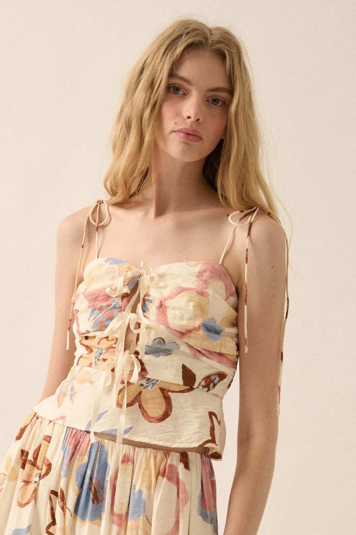 Grow On Textured Floral Cropped Tie-Front Cami Top