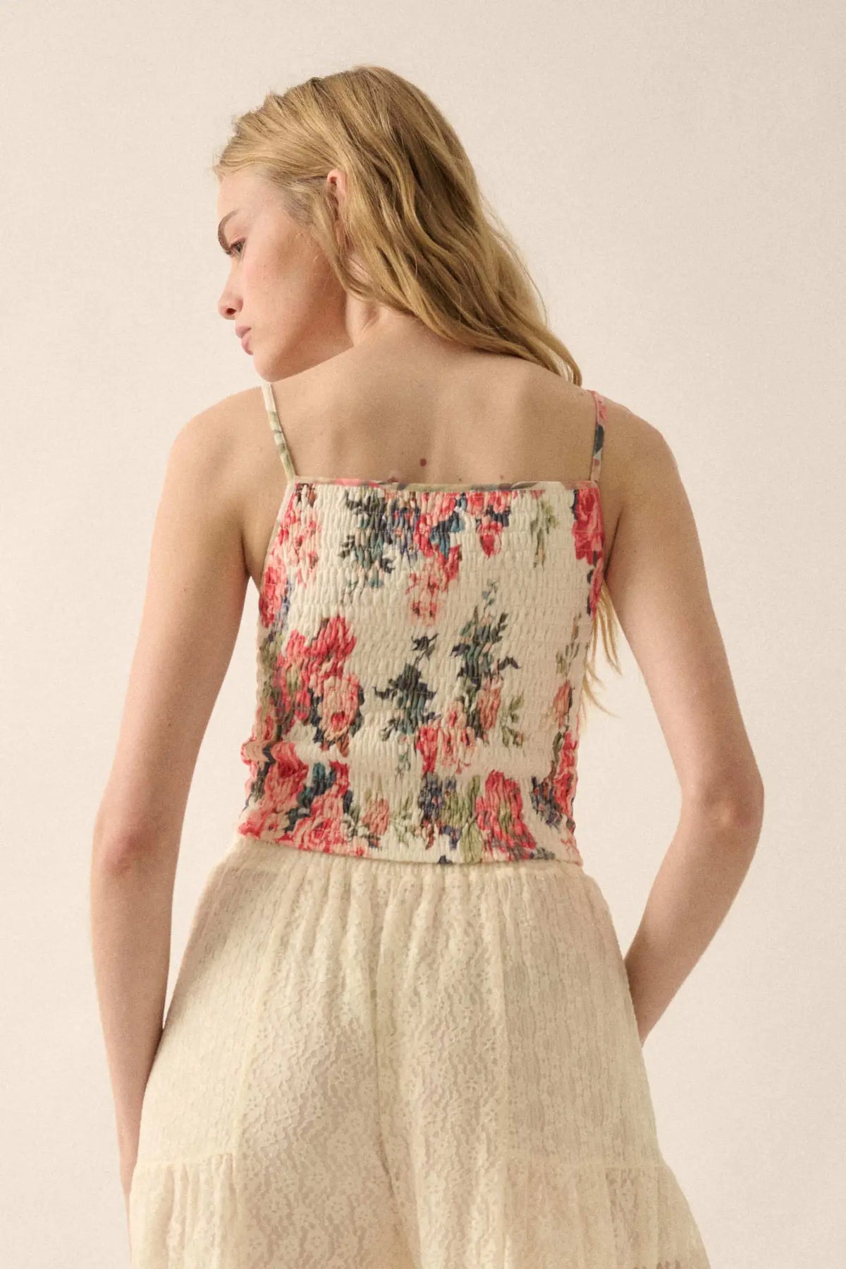 Exquisite Blooms Smocked Floral Mesh Cami Top