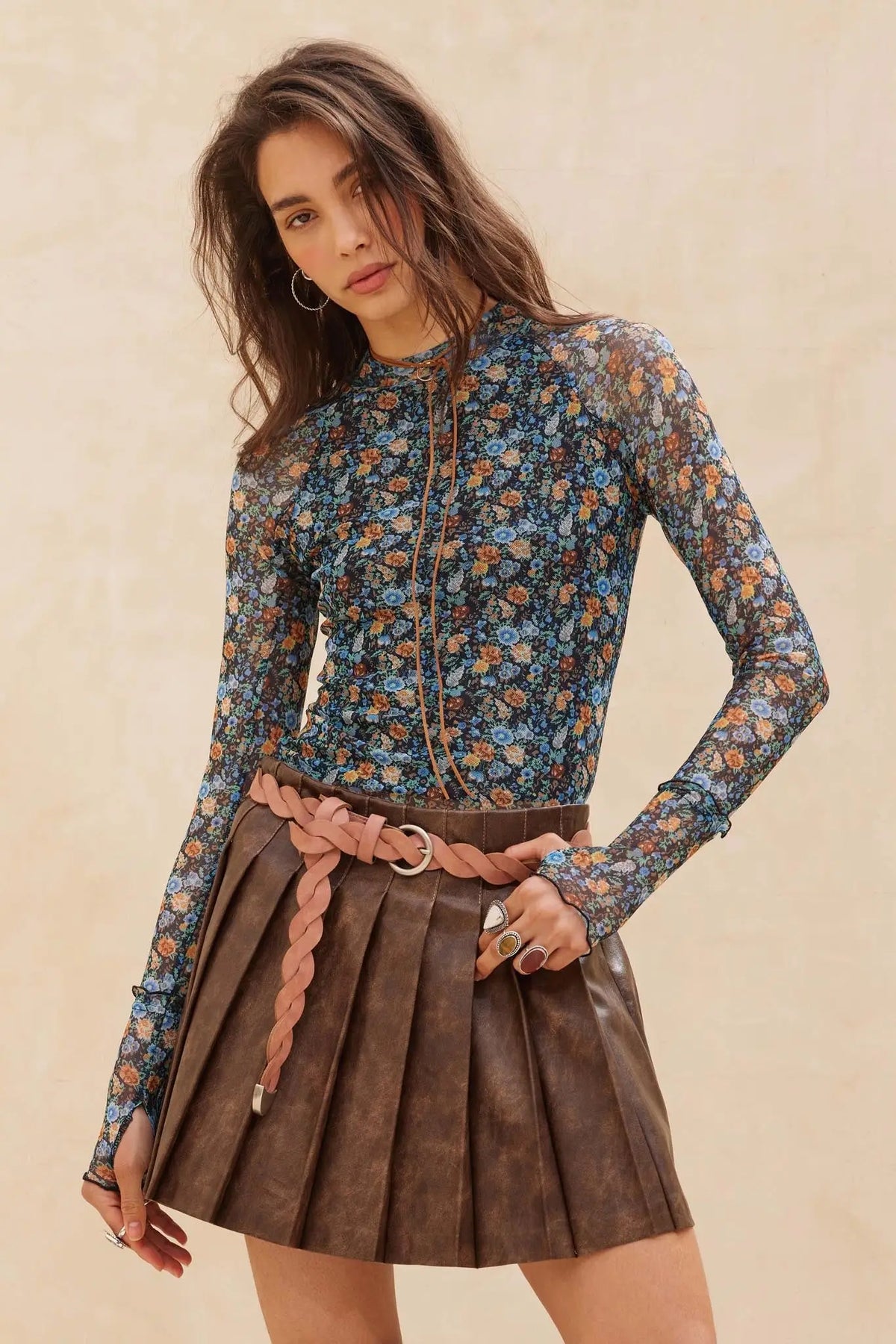 Blooming Bright Floral Mesh Thumbhole Top