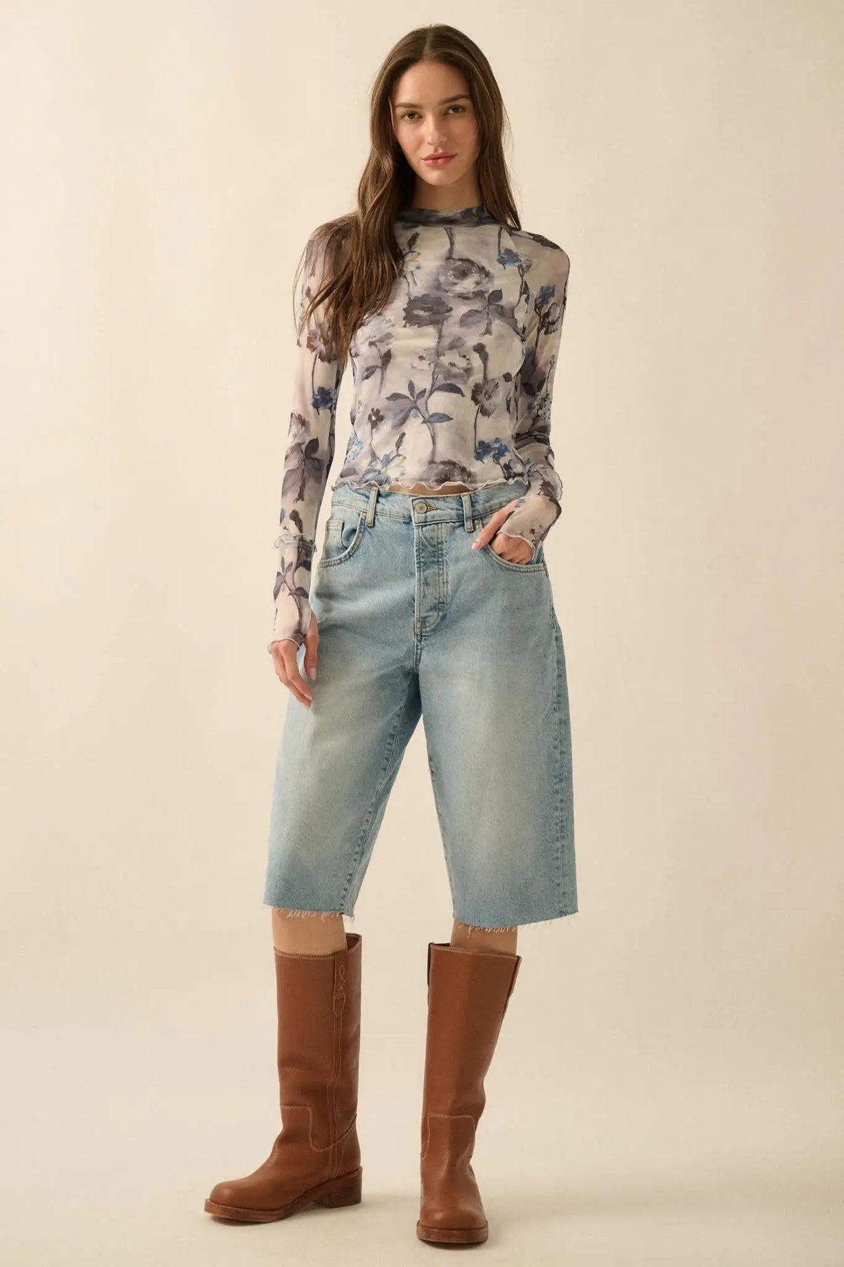 Painted Beauty Floral Mesh Mock-Neck Thumbhole Top
