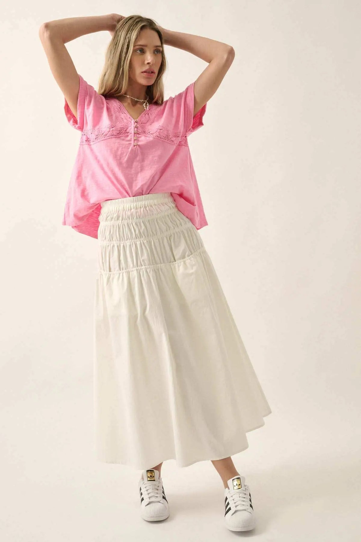 Rise and Shine Lace-Trimmed Slub Cotton Henley Tee