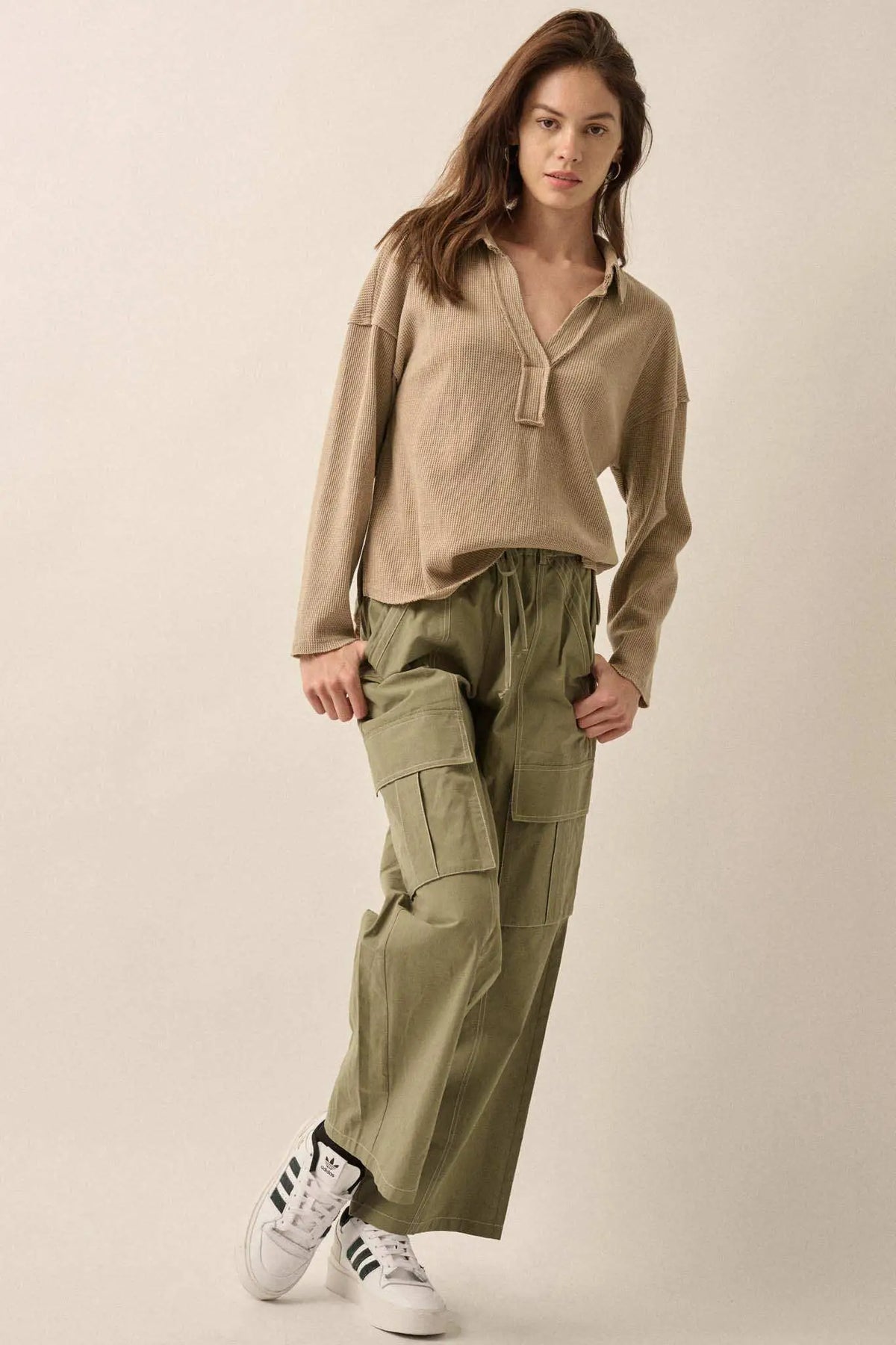No Problemo Collared V-Neck Waffle-Knit Top