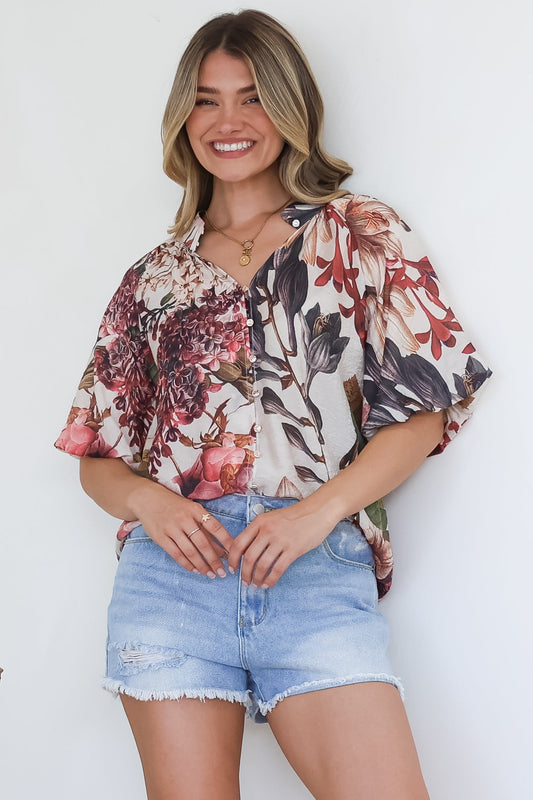 Nayra Blouse - Mandarin Collar Buttoned Down with Puff Sleeves in Leonor Print