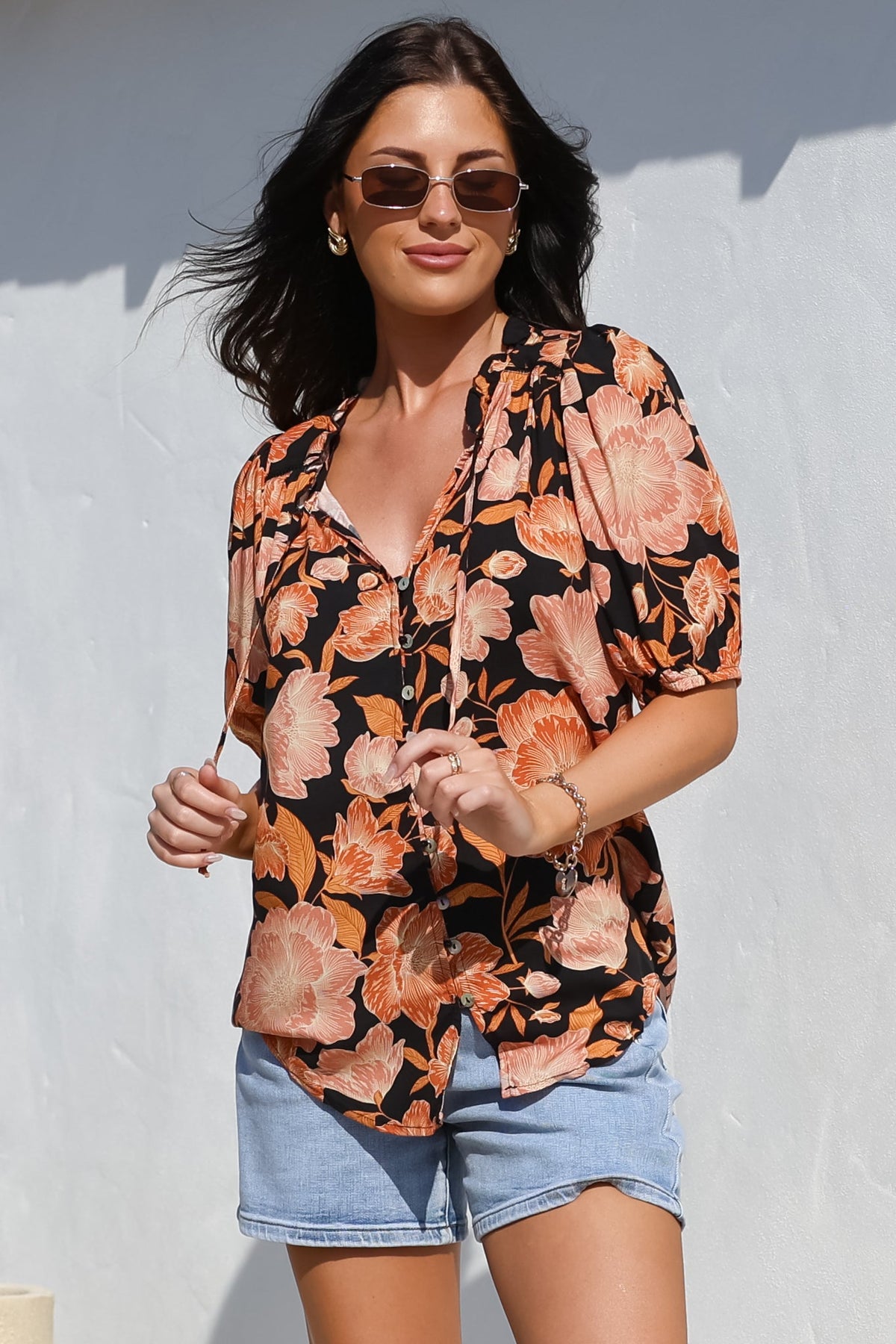 Neo Blouse - High Frill Collar Button Down Shirt in Yasmin Print Black