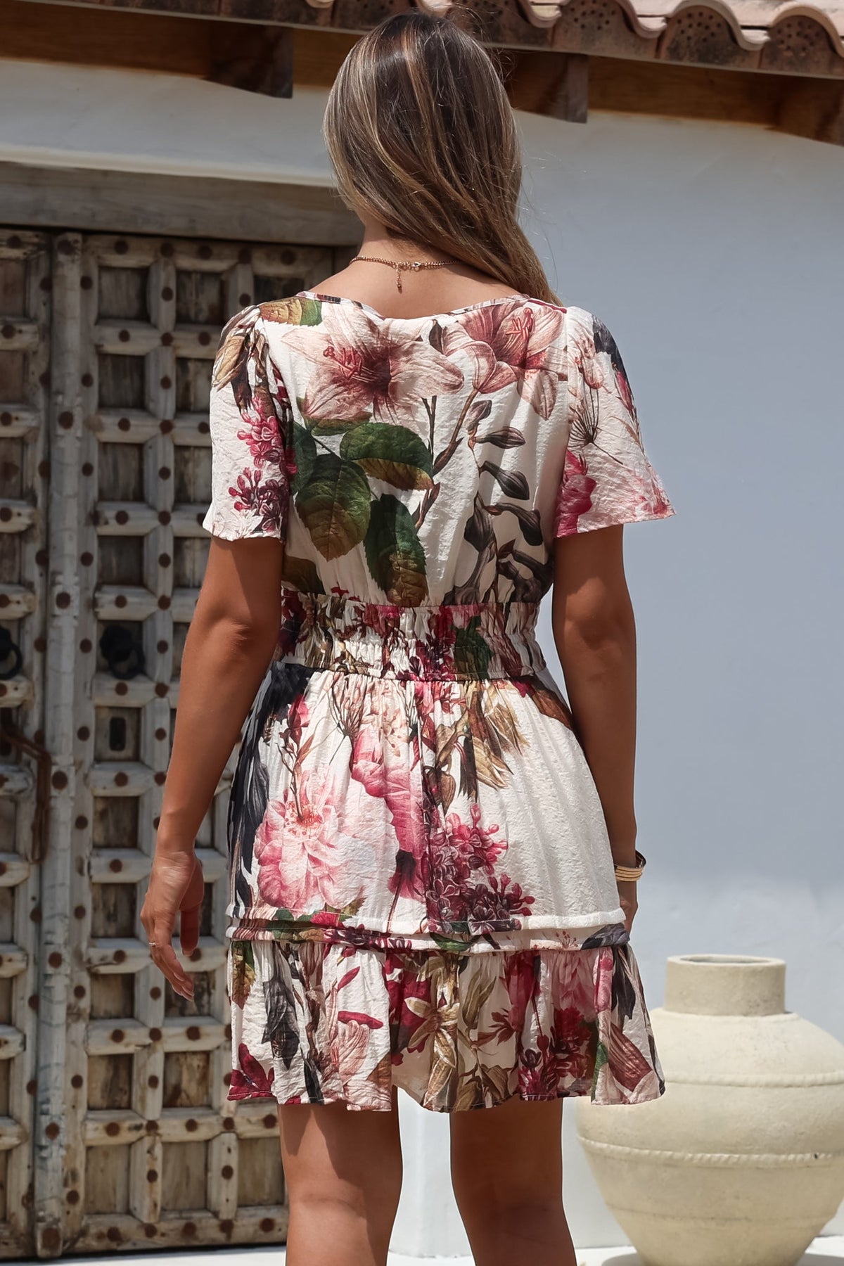 Payton Mini Dress - Pleat Detailed A-Line Dress with Cap Flutter Sleeves in Leonor Print