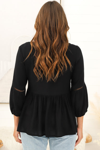 Dido Top - 3/4 Sleeve Smock Top with Lattice Inserts in Black