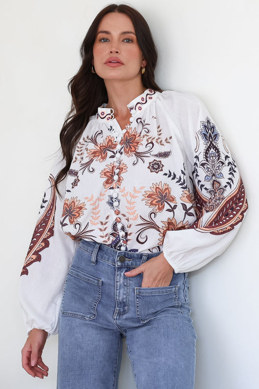Portia Blouse - Button Down Mandarin Collar Shirt in Magah Print