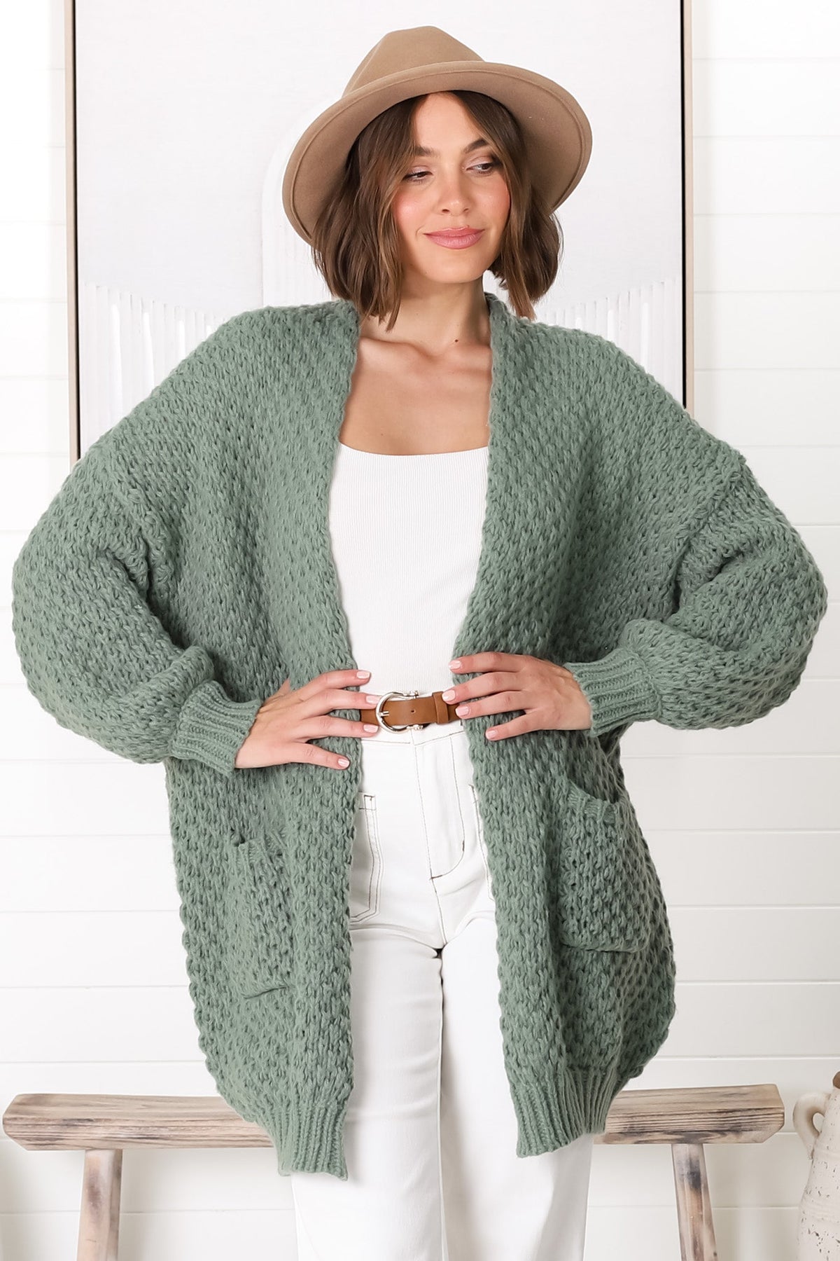 Ricki Cardigan - Open Front Chunky Knit Cardigan in Sage