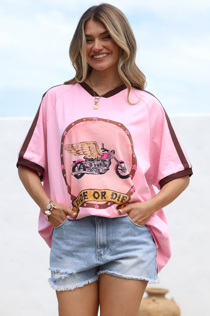 Ride Or Die Tee - Graphic Print Short Sleeve T-Shirt with Racer Stripe Sleeves in Pink