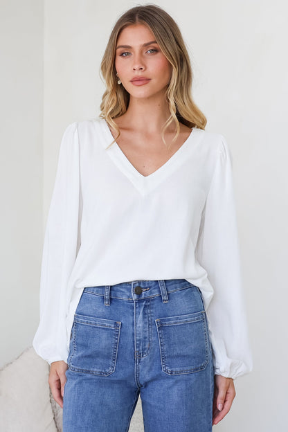 Ritual Top - V-Neck High Low Pull Over with Long Balloon Sleeves in White