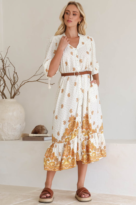 JAASE - Rosalie Maxi Dress: Mandarin Collar Button Down Dress in Sundown Print
