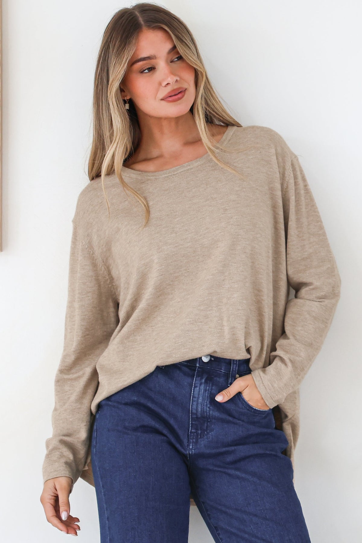 Rylee Jumper - Crew Neck Long Sleeve Pullover with Side Splits in Taupe