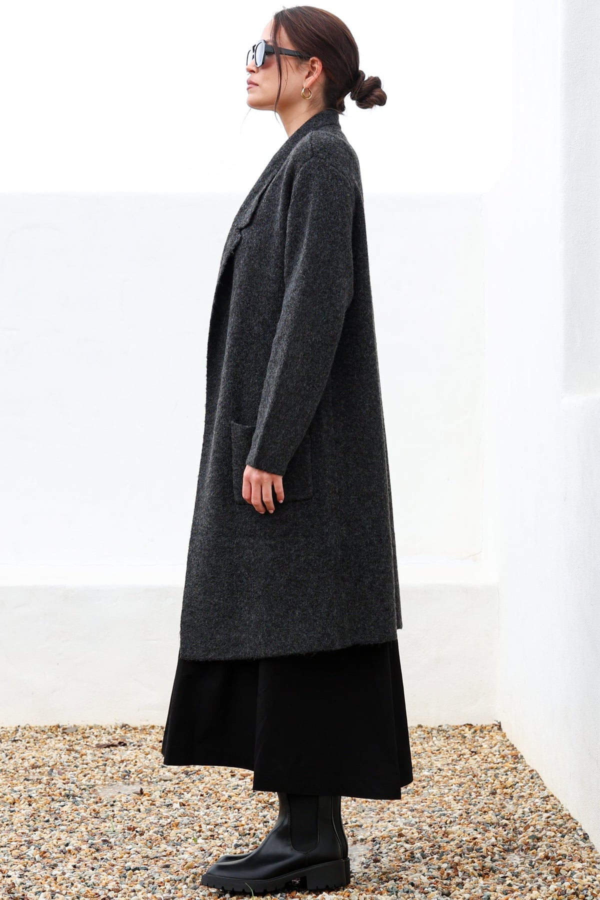 Samson Cardigan - Folded Lapel Collar Coatigan with Pockets in Charcoal