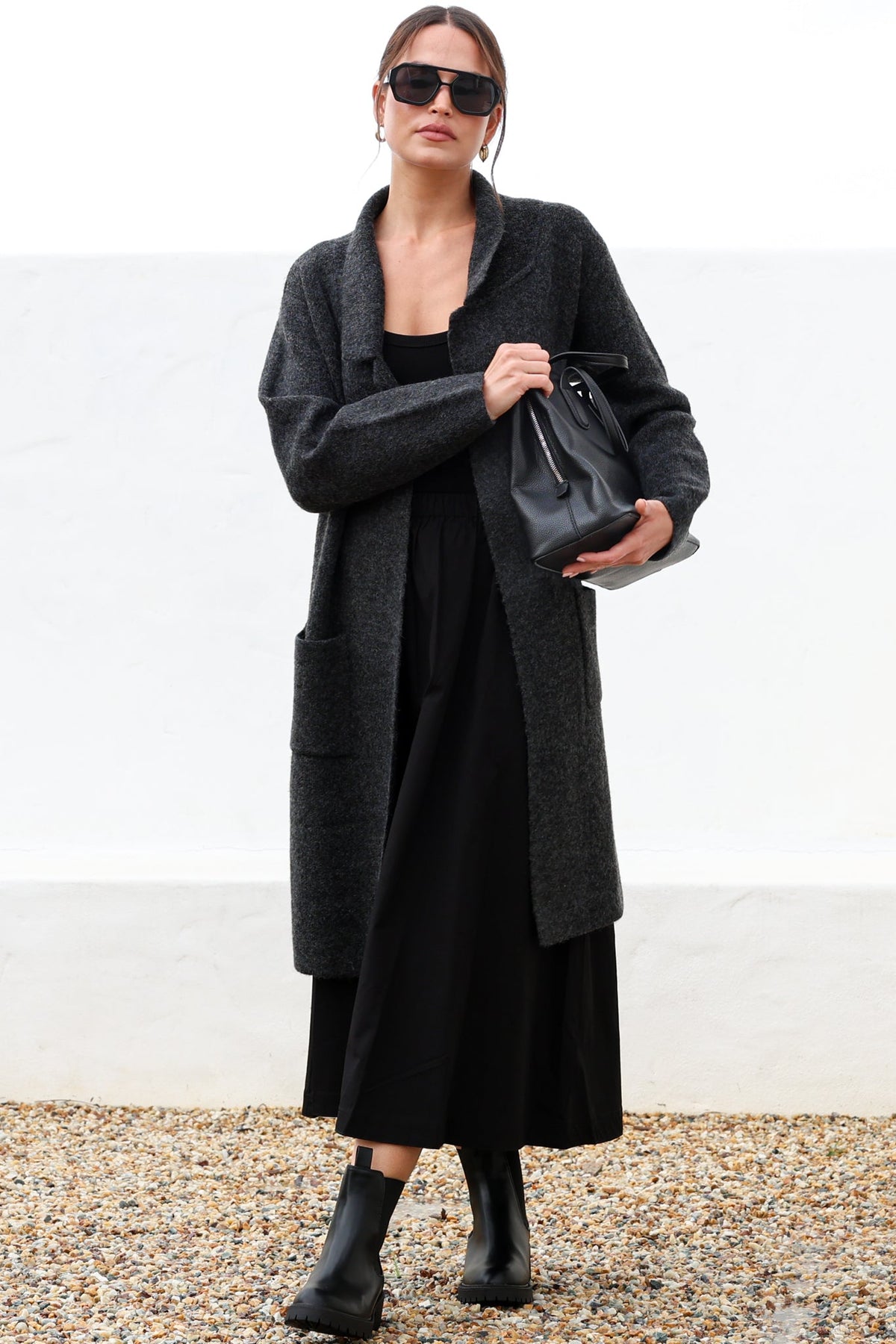 Samson Cardigan - Folded Lapel Collar Coatigan with Pockets in Charcoal