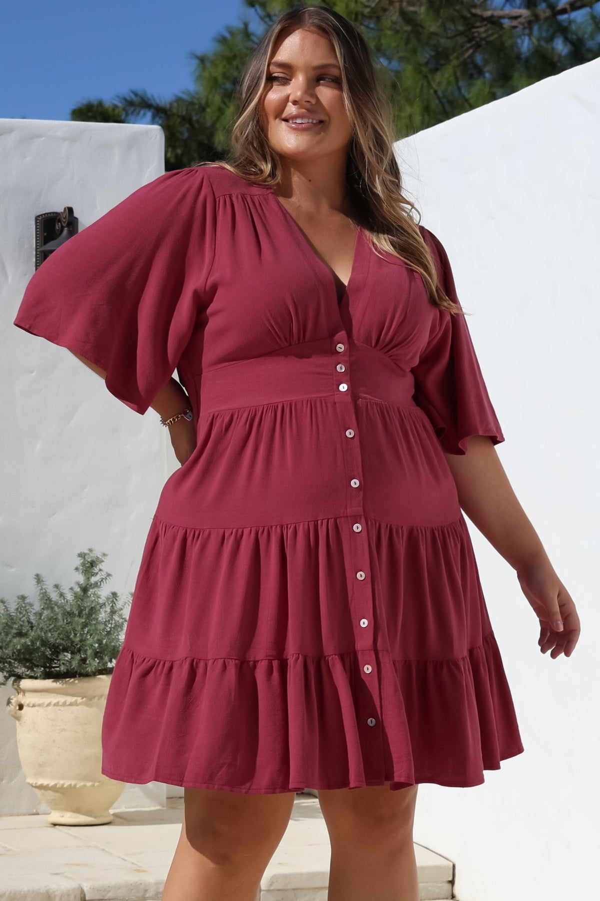 Sana Mini Dress - Bell Sleeve Button Down V Neck Dress in Berry