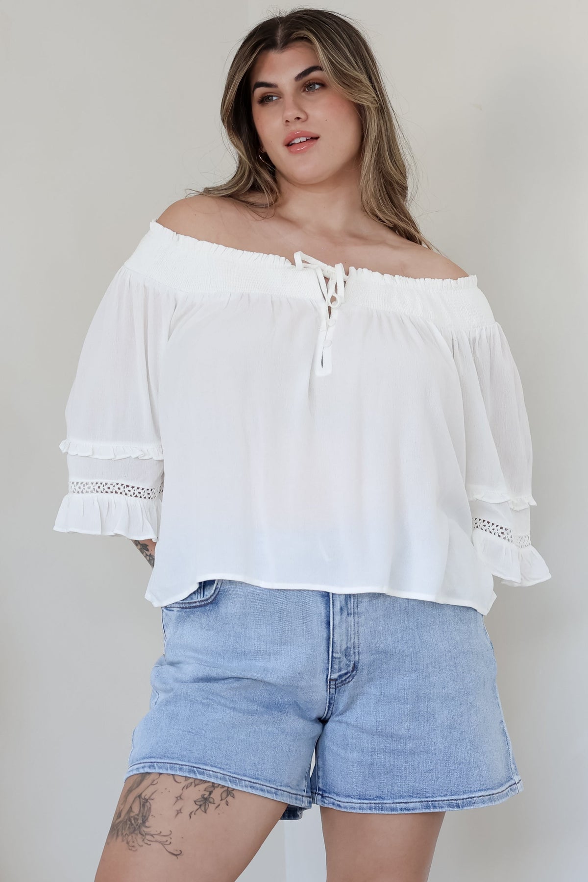 Sarah Top - Off Shoulder Ruffled Sleeve Top in White