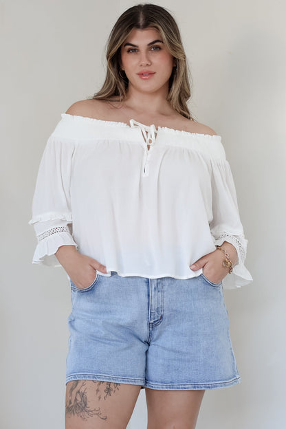 Sarah Top - Off Shoulder Ruffled Sleeve Top in White