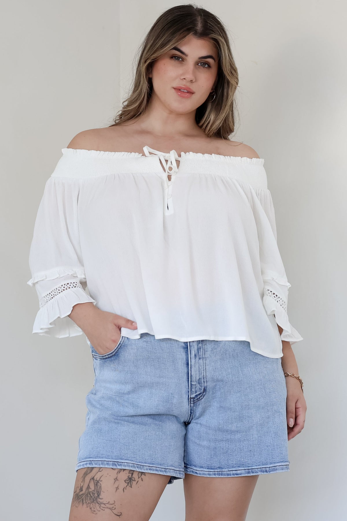 Sarah Top - Off Shoulder Ruffled Sleeve Top in White
