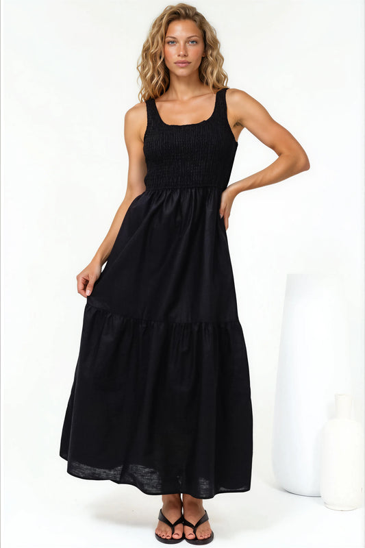 Sarlita Midi Dress - Shirred Bodice Sleeveless Tiered Dress with Pockets in Black