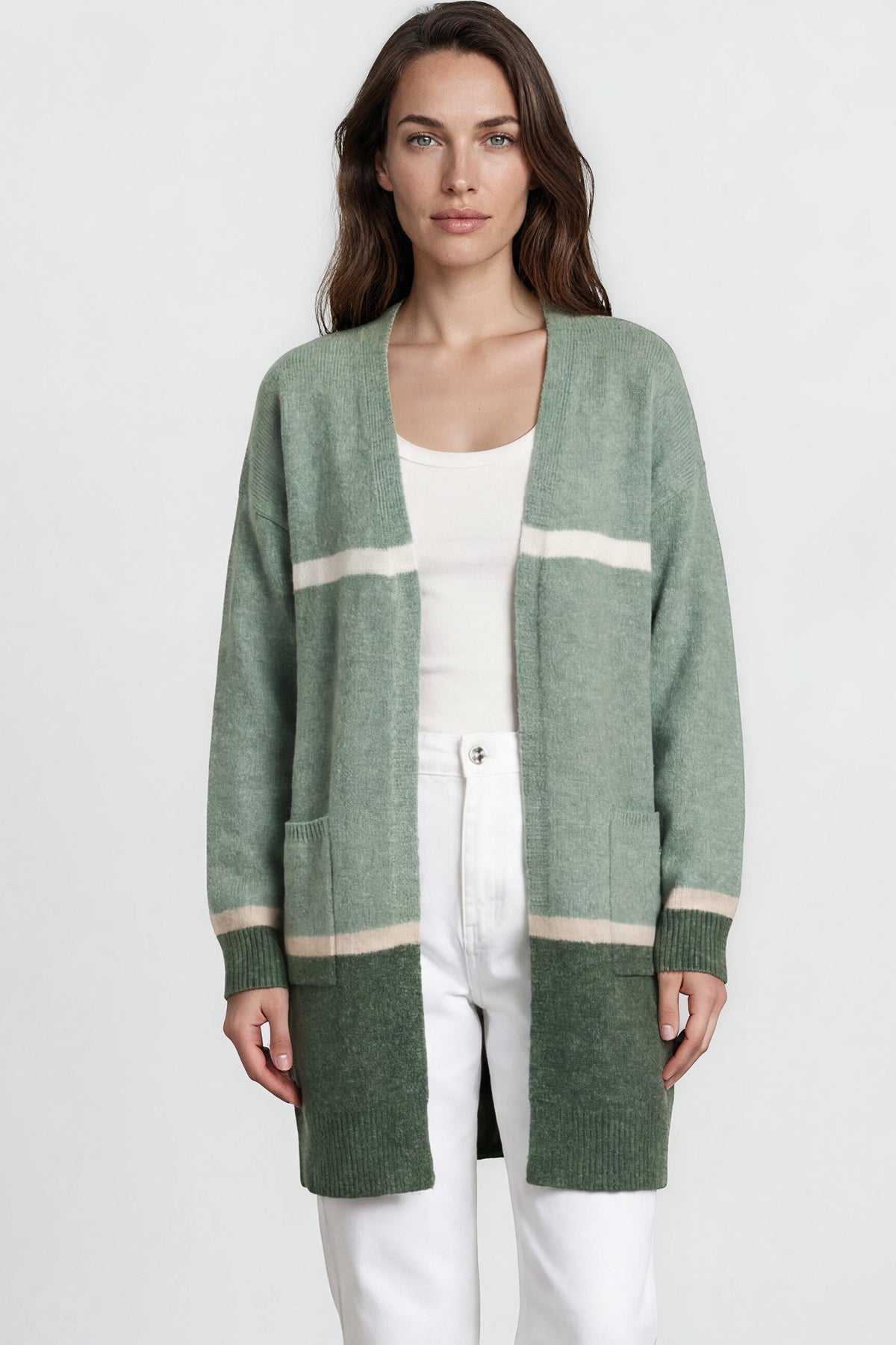 Saylor Cardigan - Open Front Stripe Colour Block Knit with Ribbed Hemlines in Green