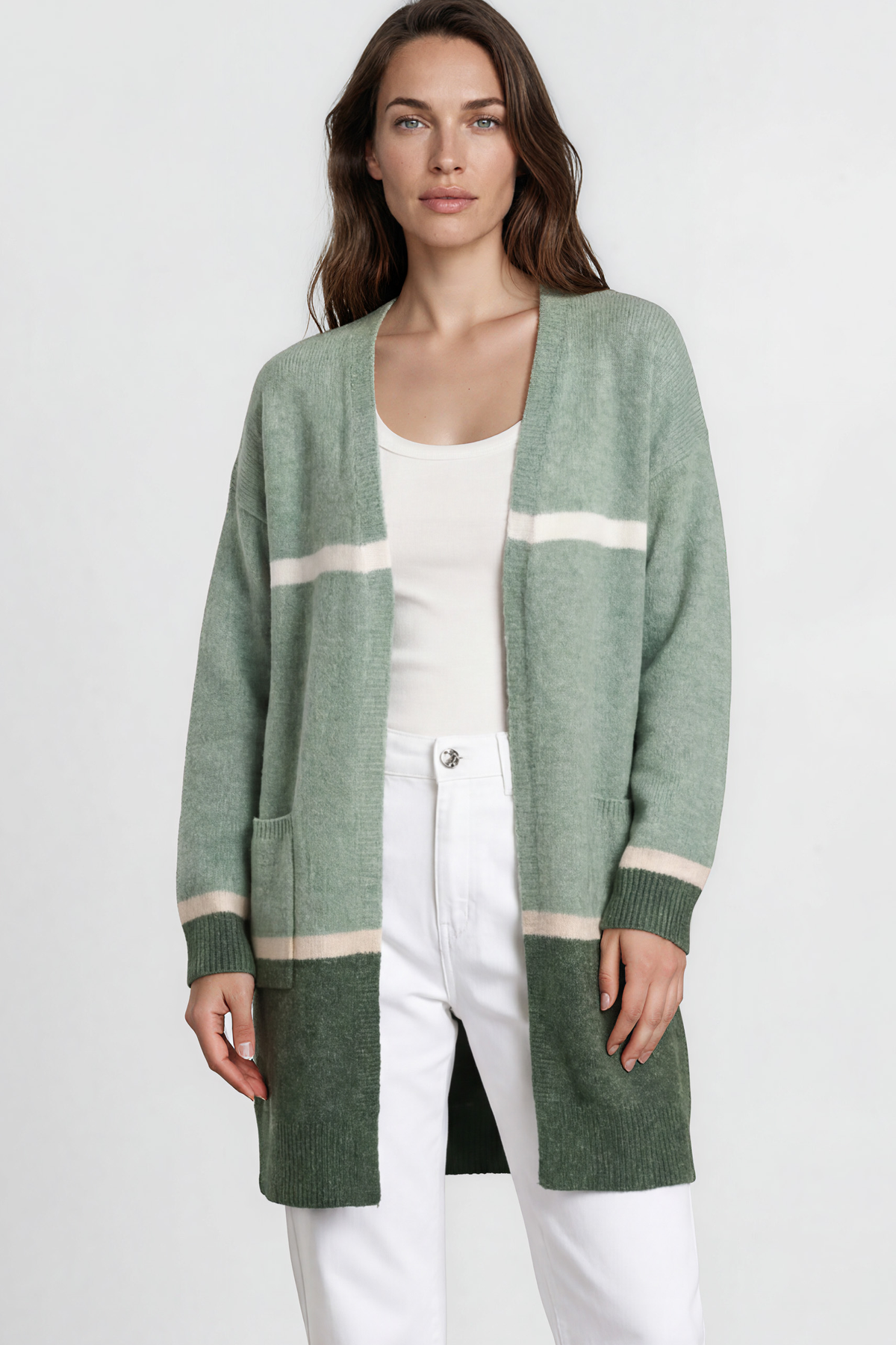 Saylor Cardigan - Open Front Stripe Colour Block Knit with Ribbed Hemlines in Green
