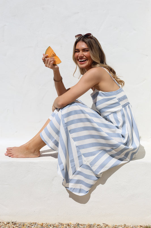 Sennia Midi Dress - Adjustable Spaghetti Strap Sun Dress in Gaubi Print Blue